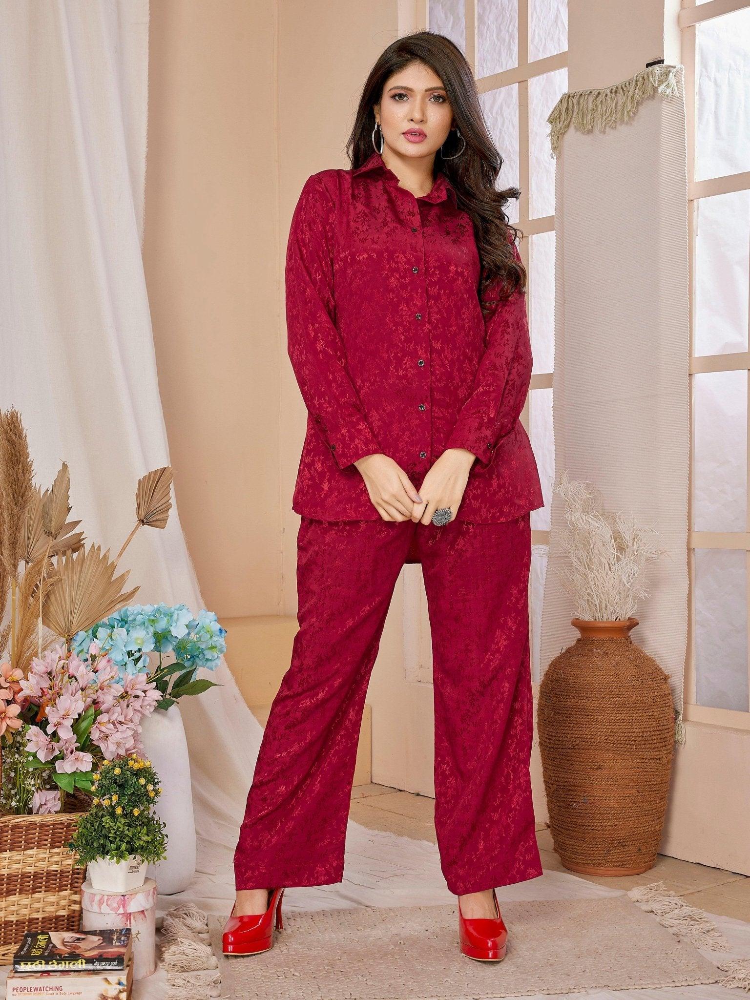 Red Jacquard Lounge Wear - Lounge Wear - Svatantra Clothing