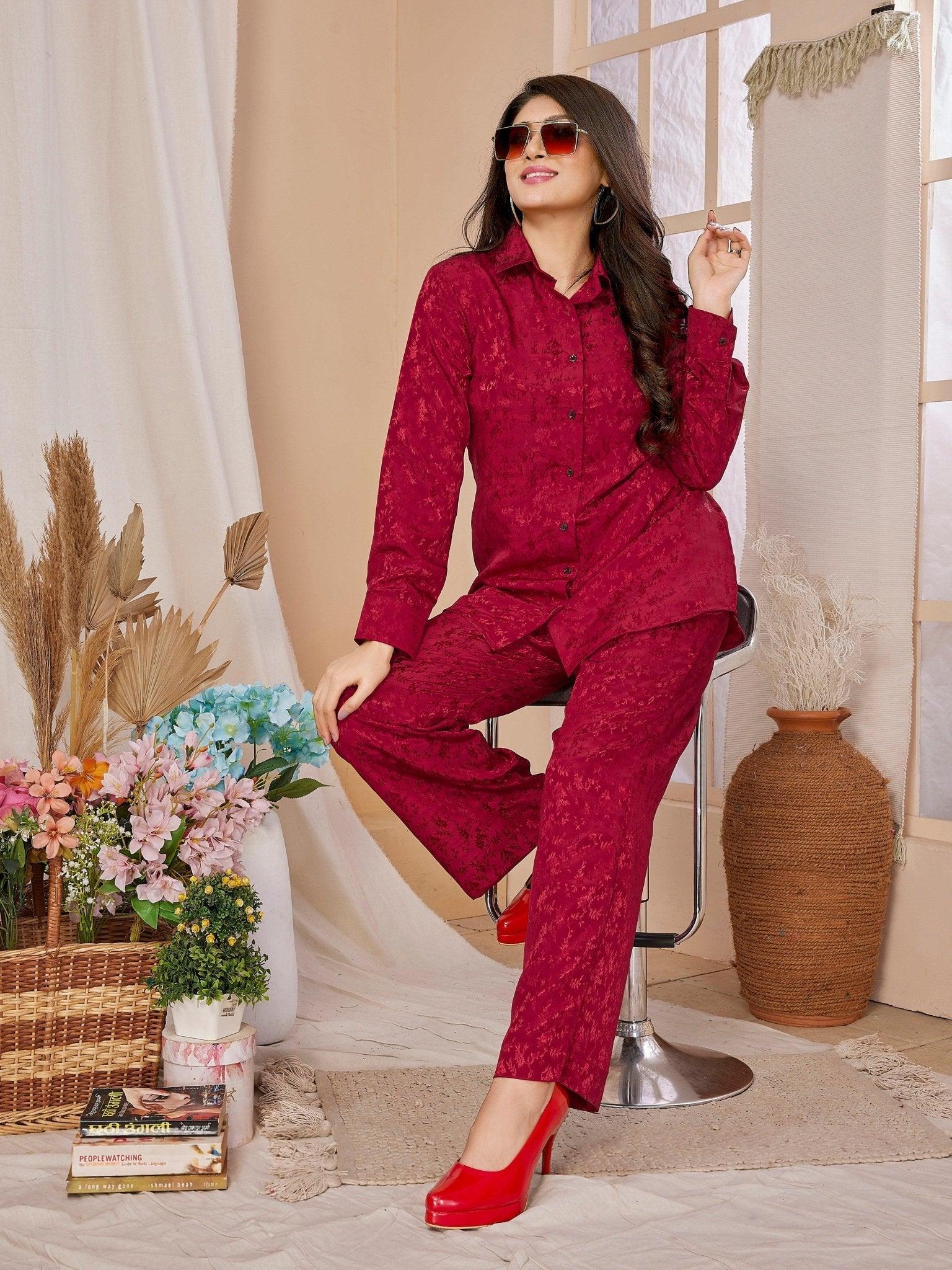 Red Jacquard Lounge Wear - Lounge Wear - Svatantra Clothing