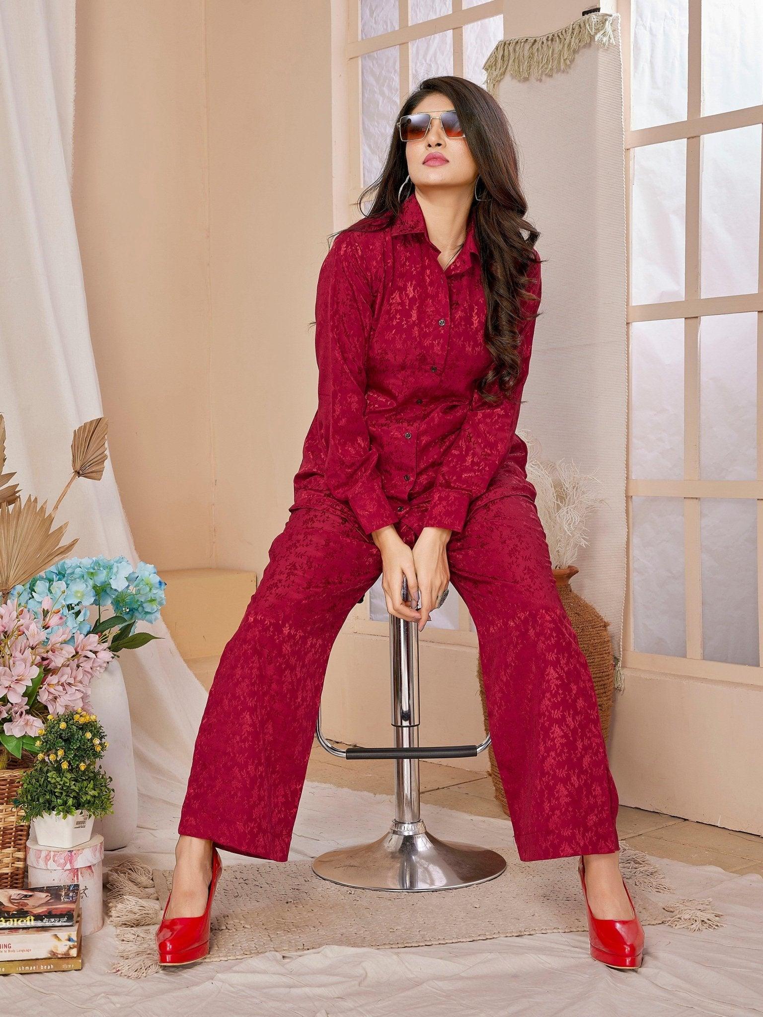 Red Jacquard Lounge Wear - Lounge Wear - Svatantra Clothing