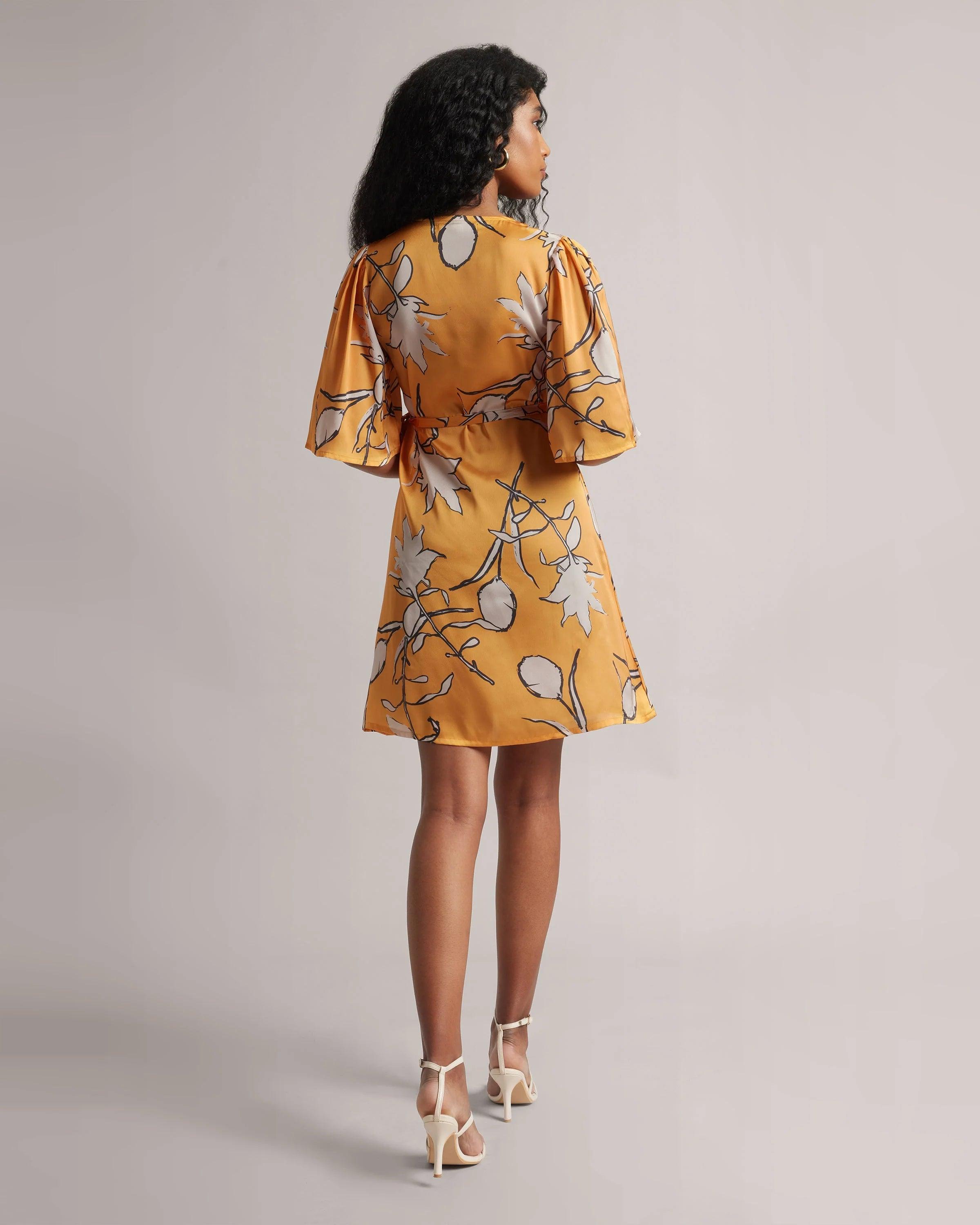 Graceful Amber V-Wrap Flare Dress