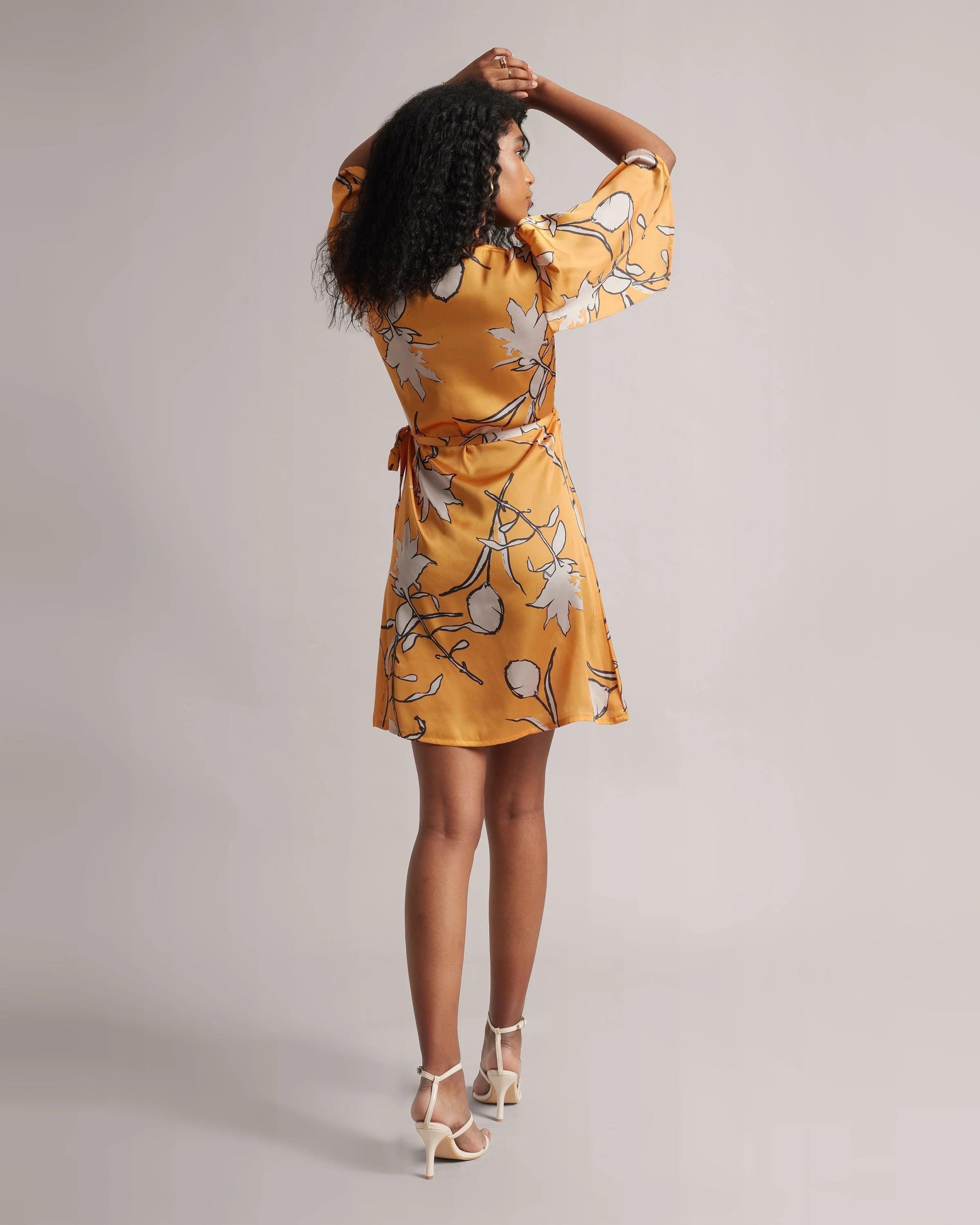 Graceful Amber V-Wrap Flare Dress