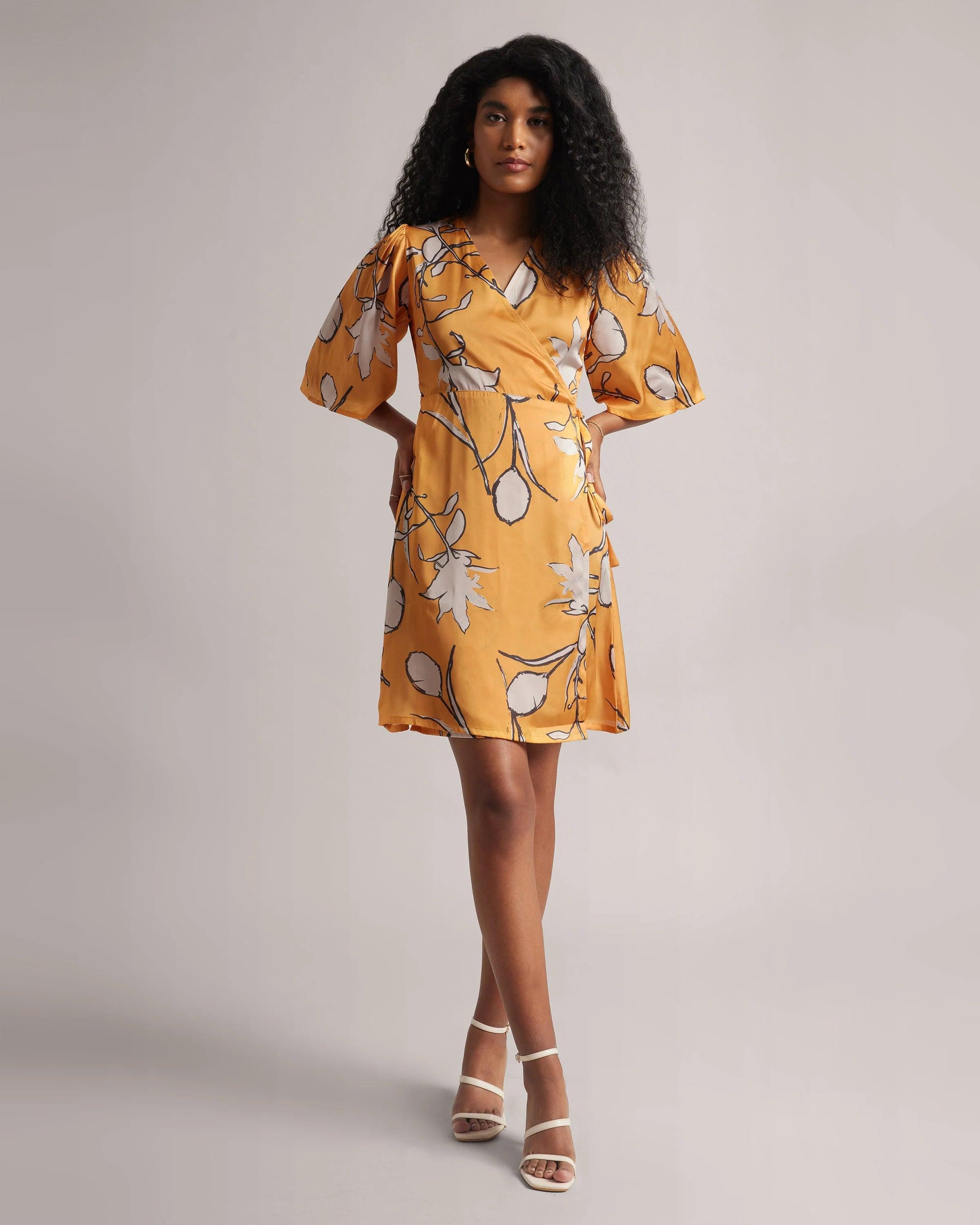 Graceful Amber V-Wrap Flare Dress