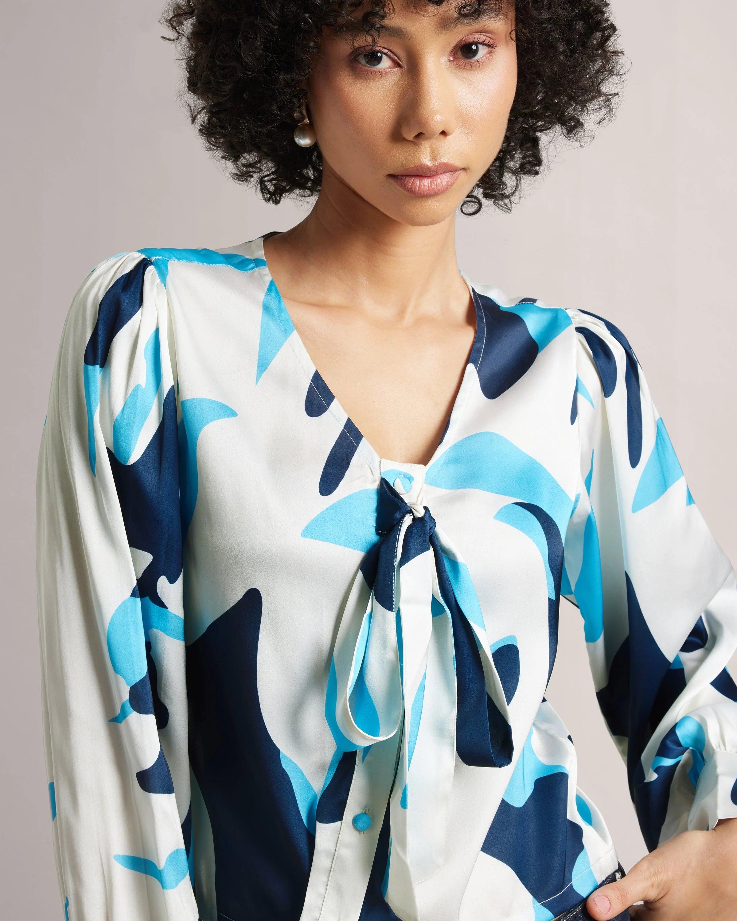 Azure Elegance: Multicolour Crop Shirt