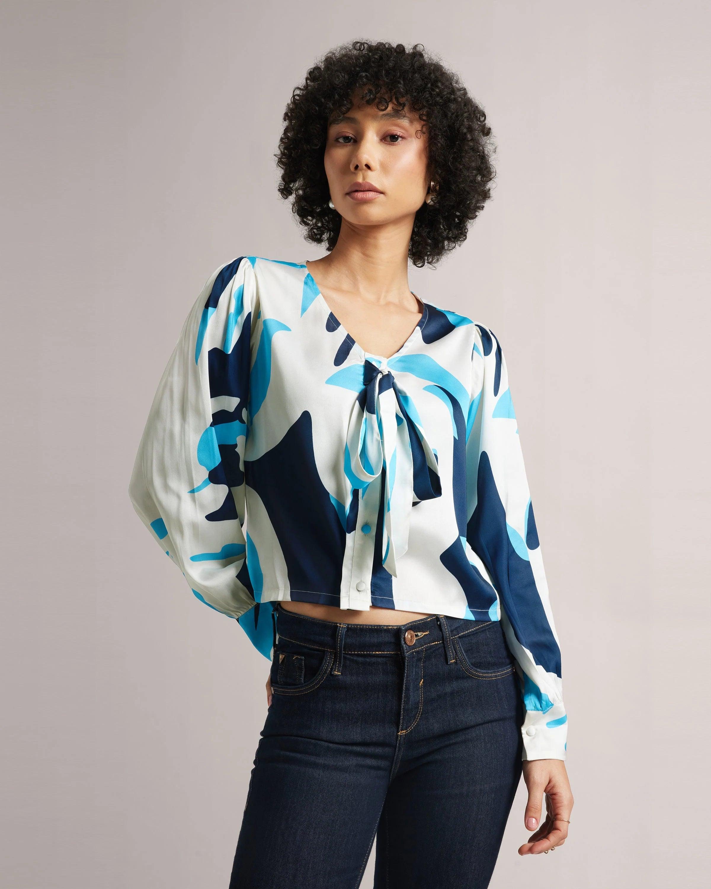 Azure Elegance: Multicolour Crop Shirt