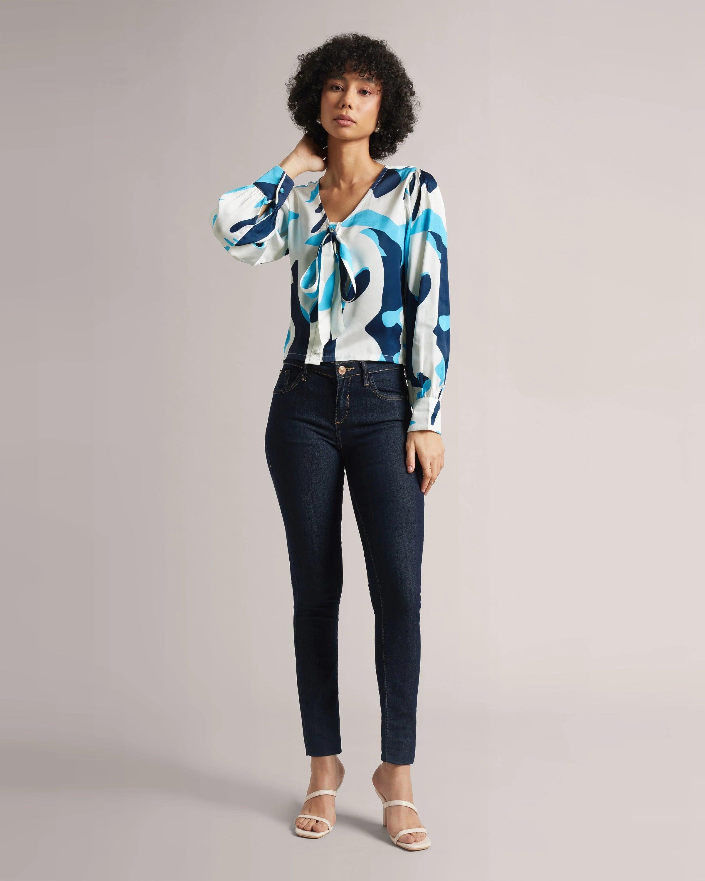 Azure Elegance: Multicolour Crop Shirt