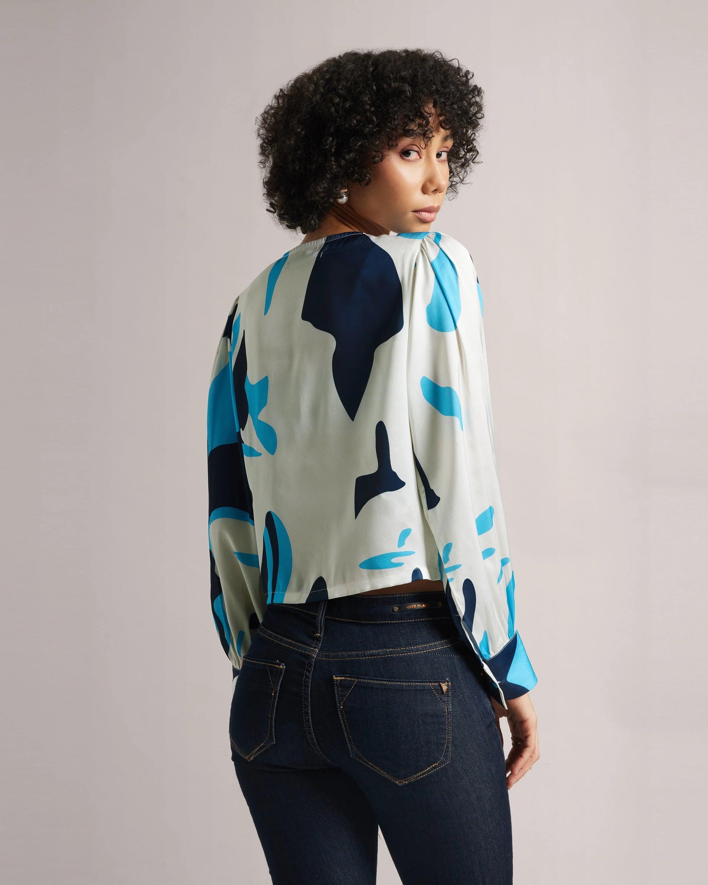 Azure Elegance: Multicolour Crop Shirt