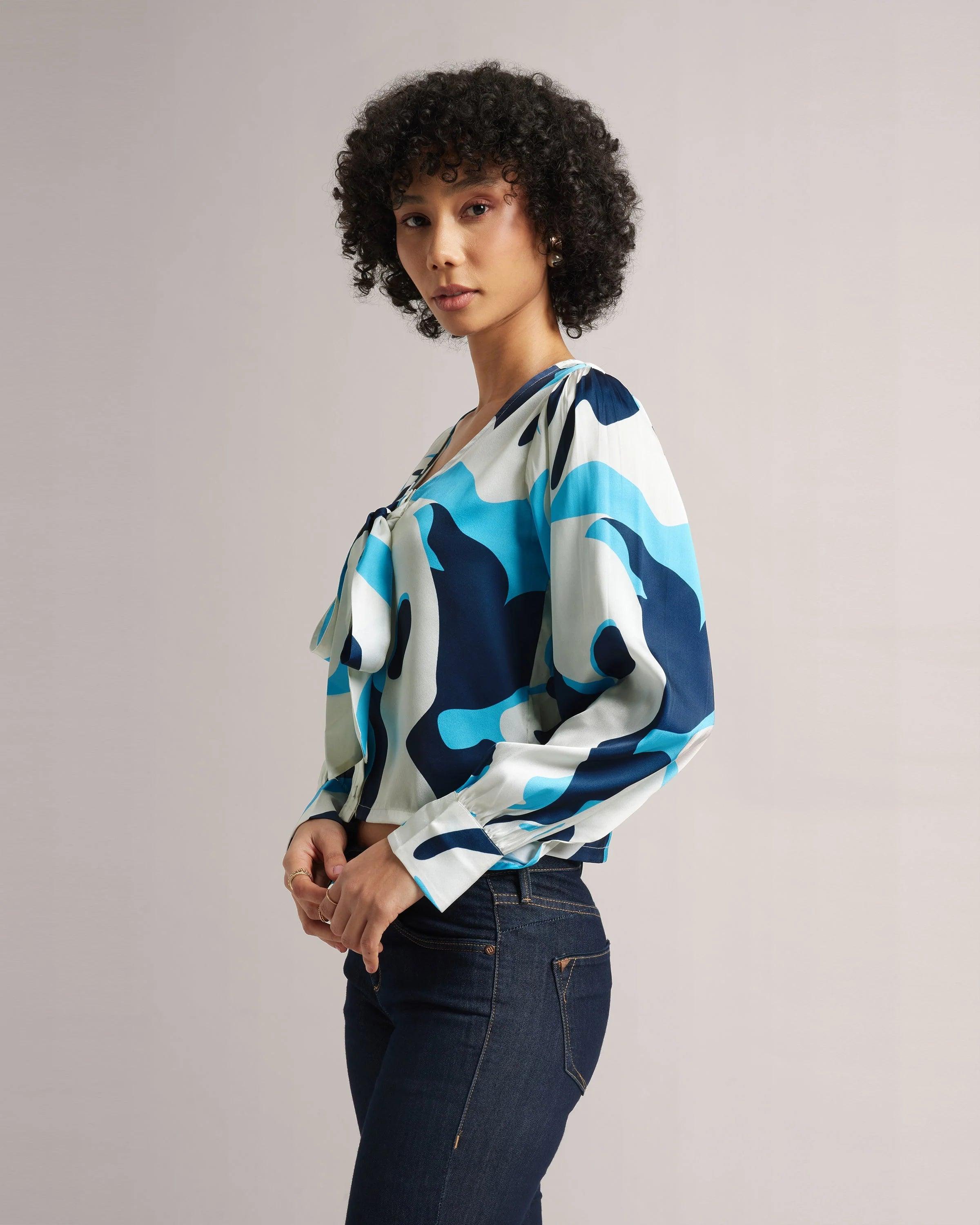 Azure Elegance: Multicolour Crop Shirt