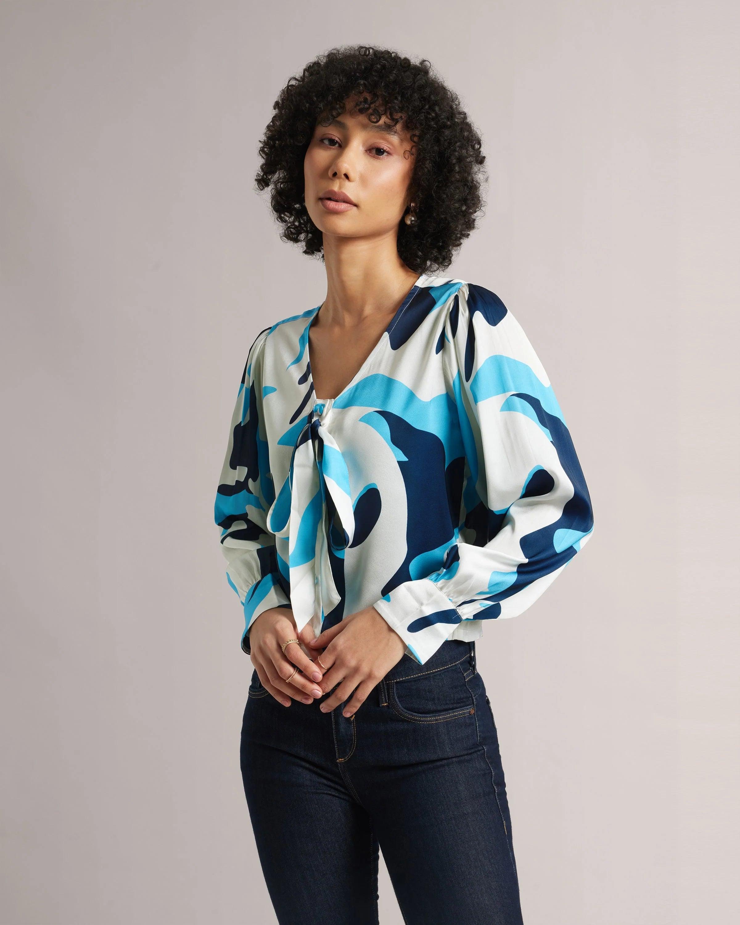 Azure Elegance: Multicolour Crop Shirt