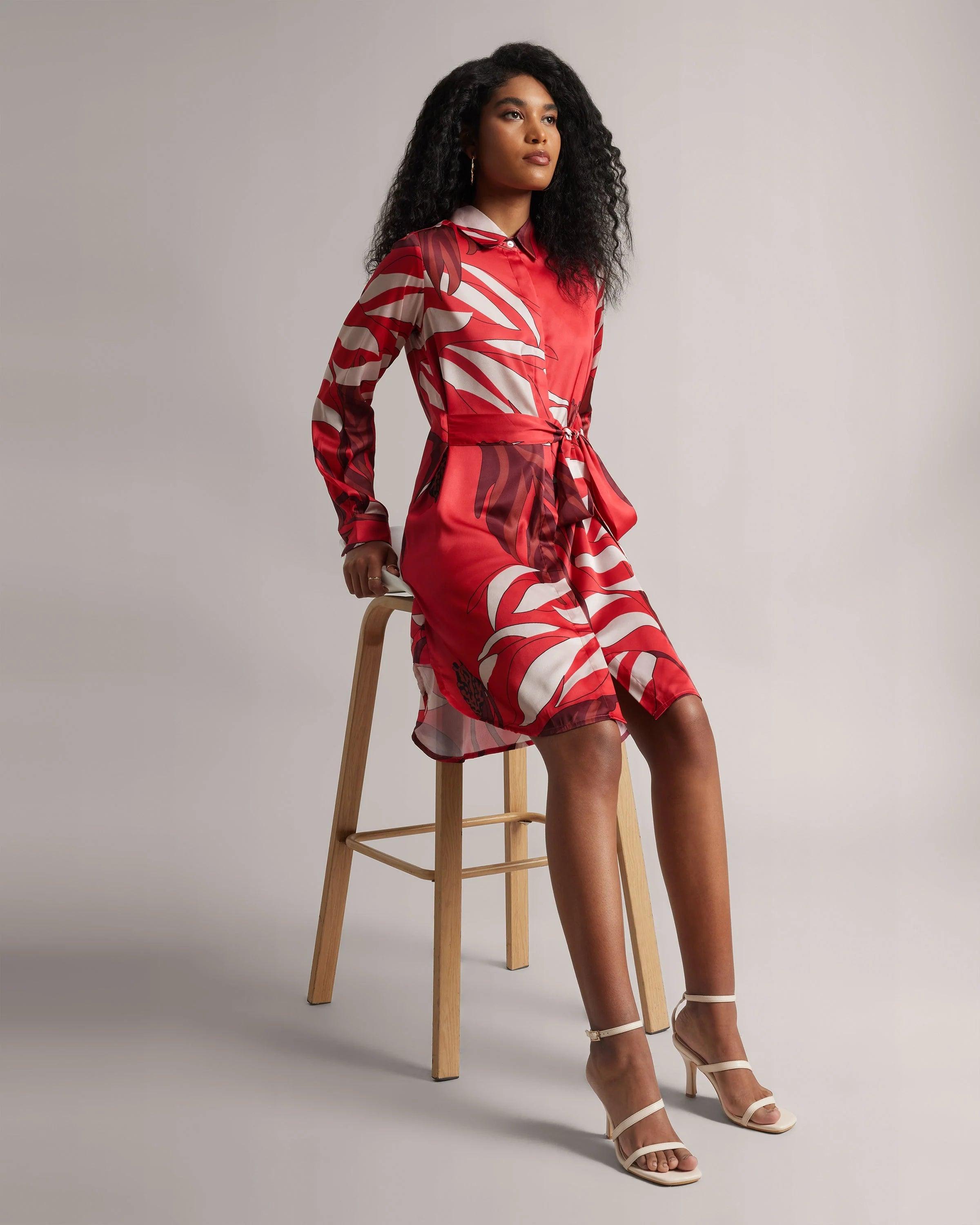 Red Floral Button-Down Dress