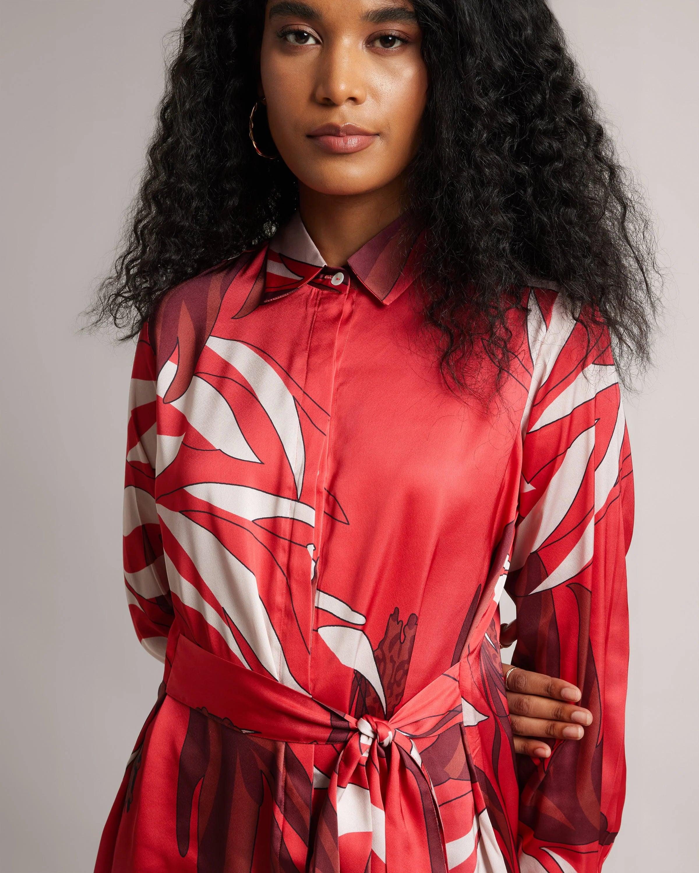 Red Floral Button-Down Dress