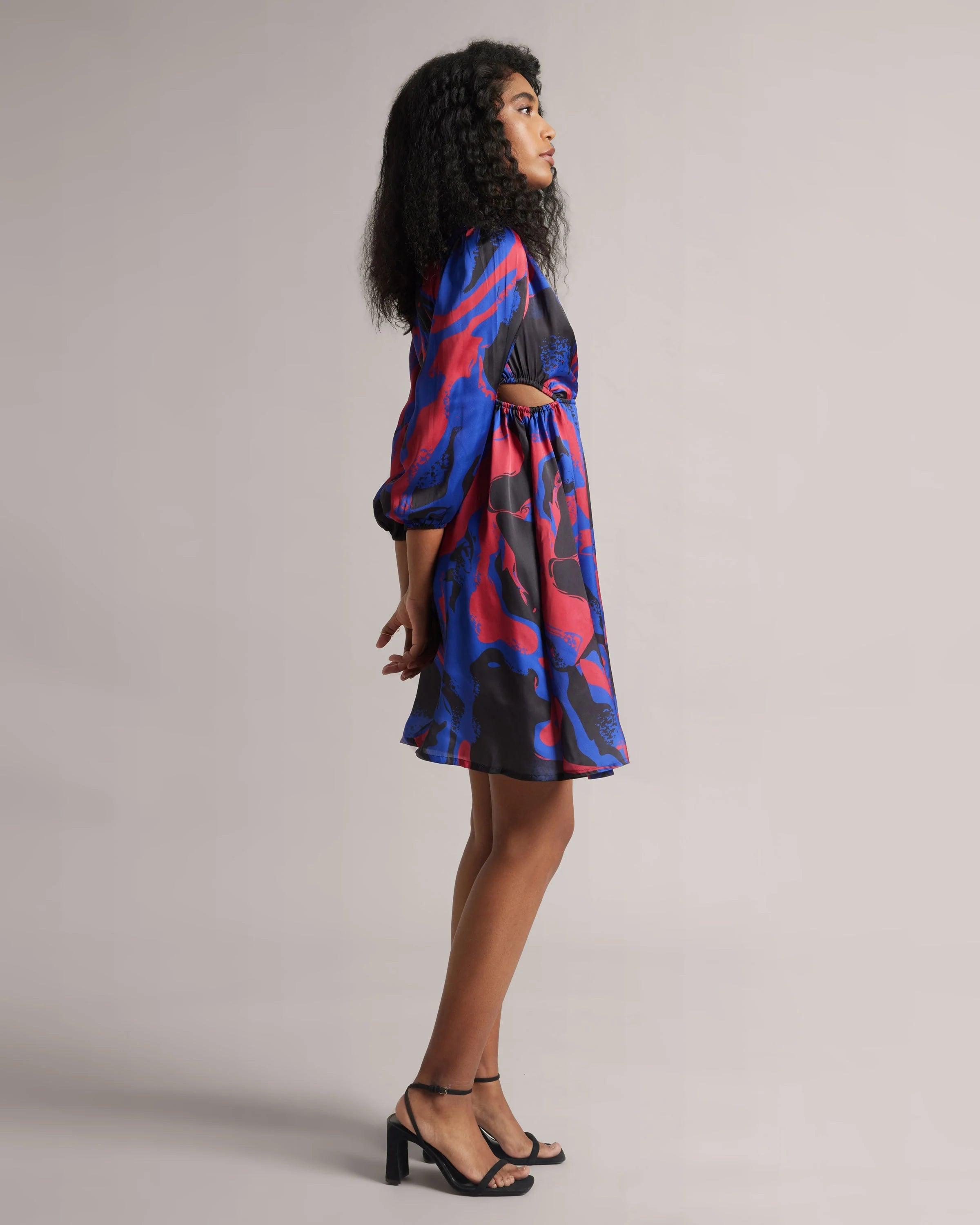 Royal Blue, Red & Black Abstract Wrap Dress