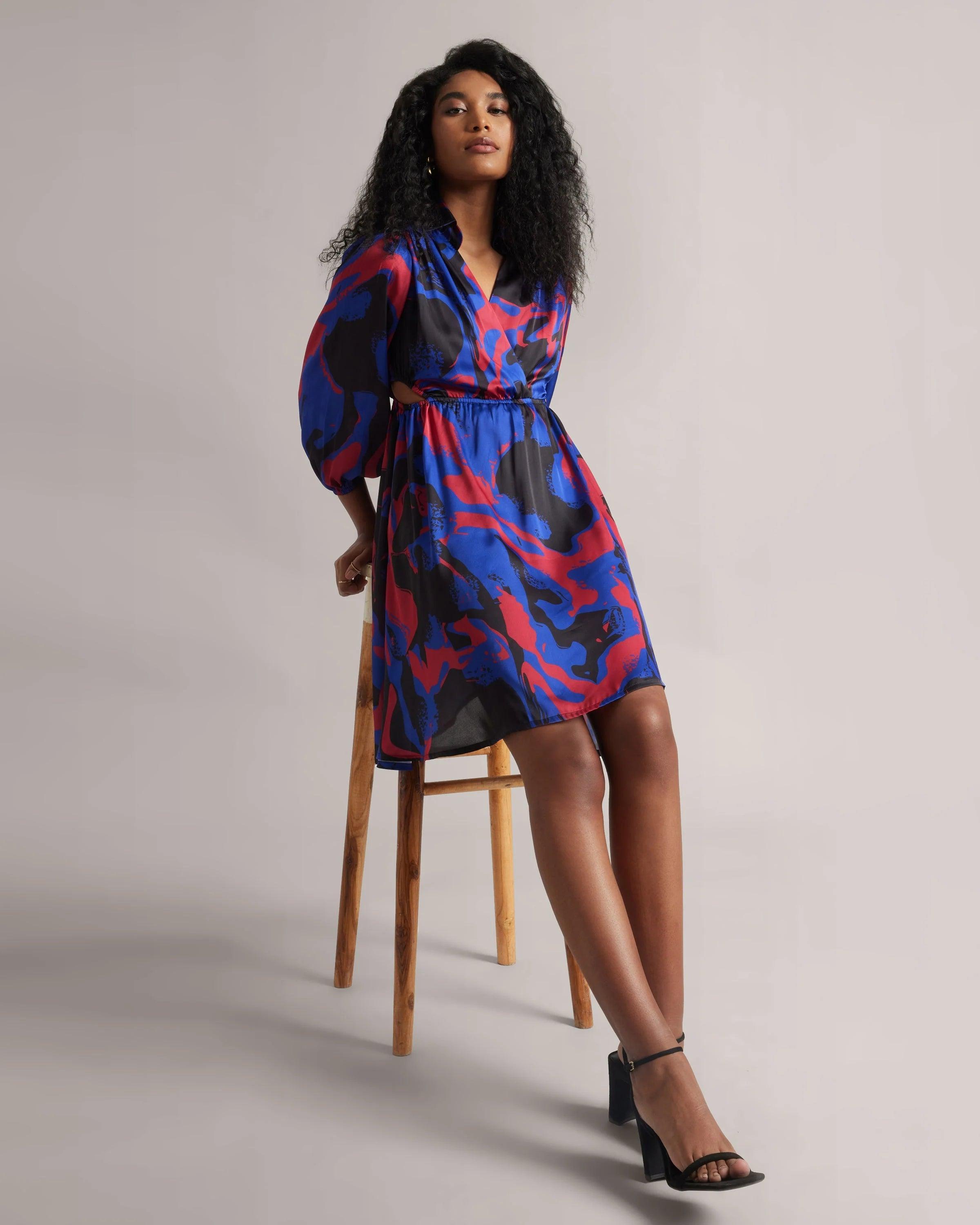 Royal Blue, Red & Black Abstract Wrap Dress