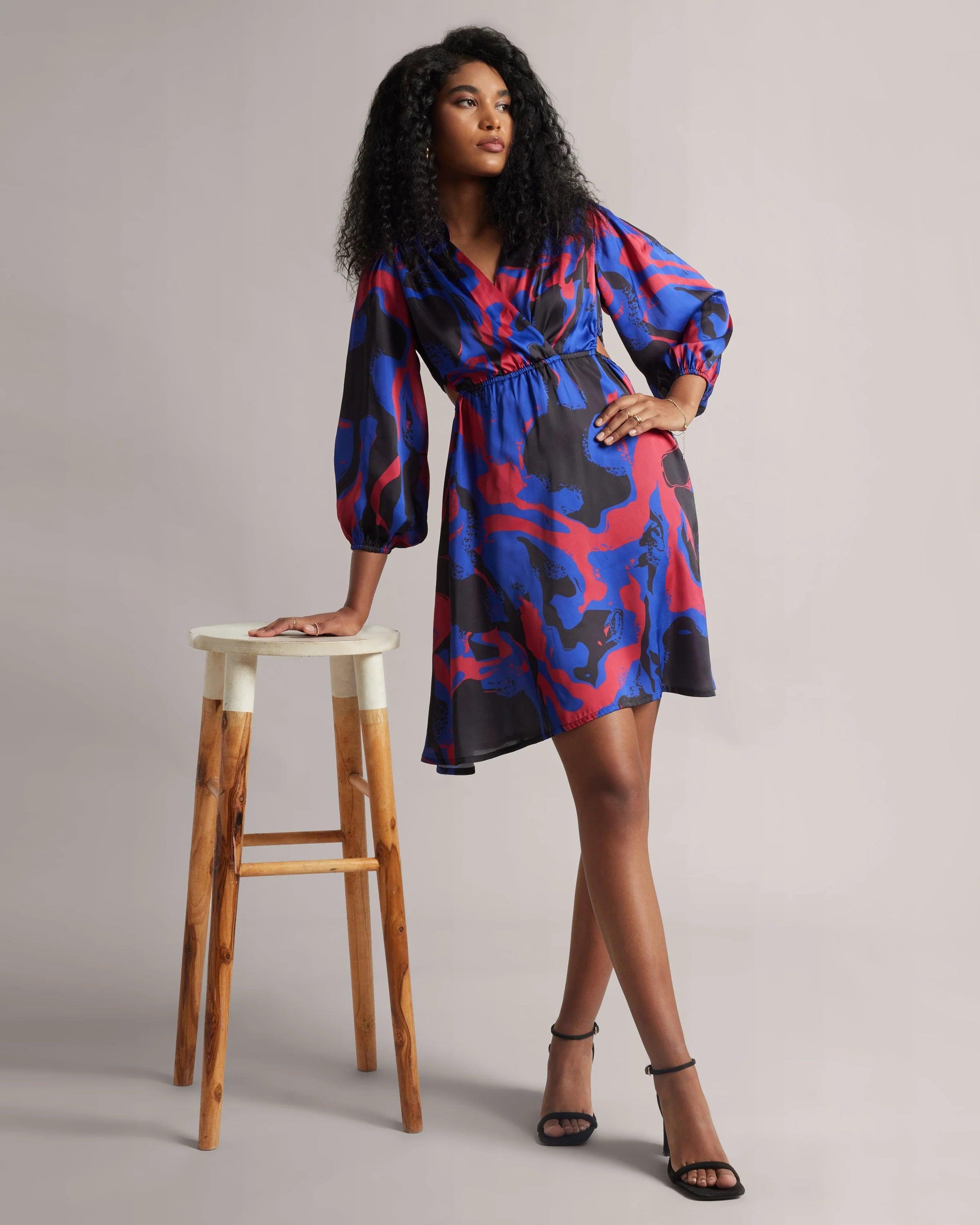 Royal Blue, Red & Black Abstract Wrap Dress