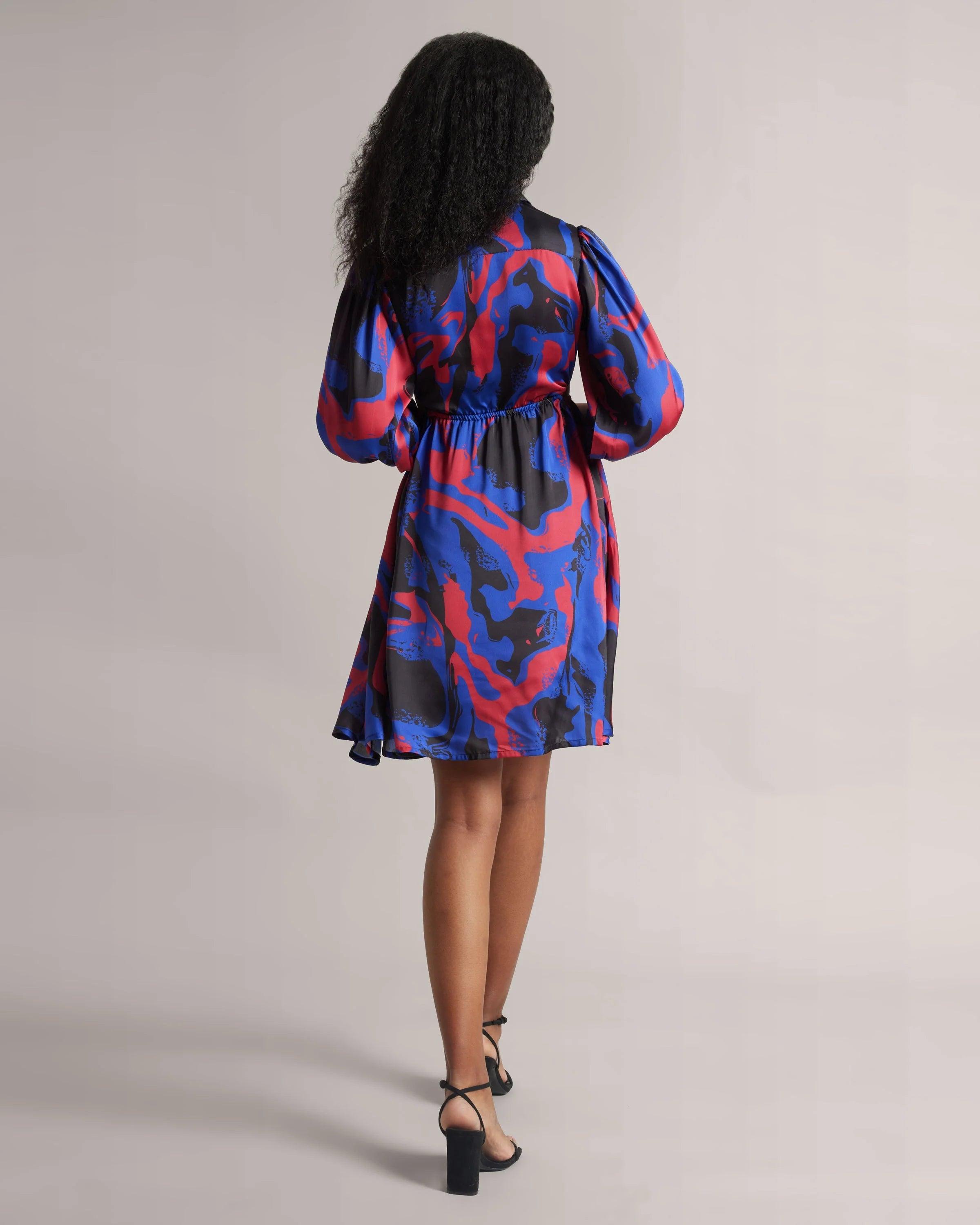 Royal Blue, Red & Black Abstract Wrap Dress