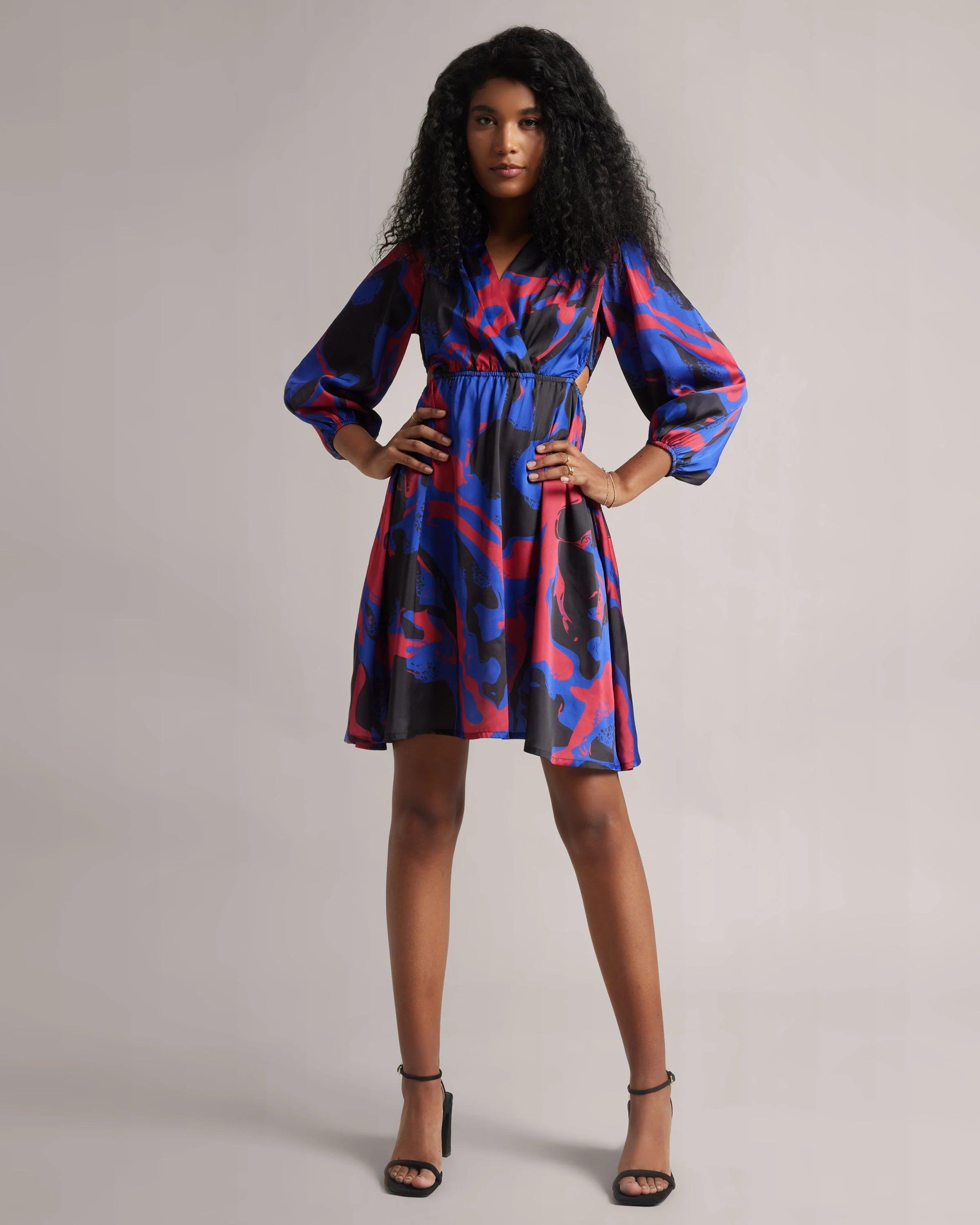 Royal Blue, Red & Black Abstract Wrap Dress