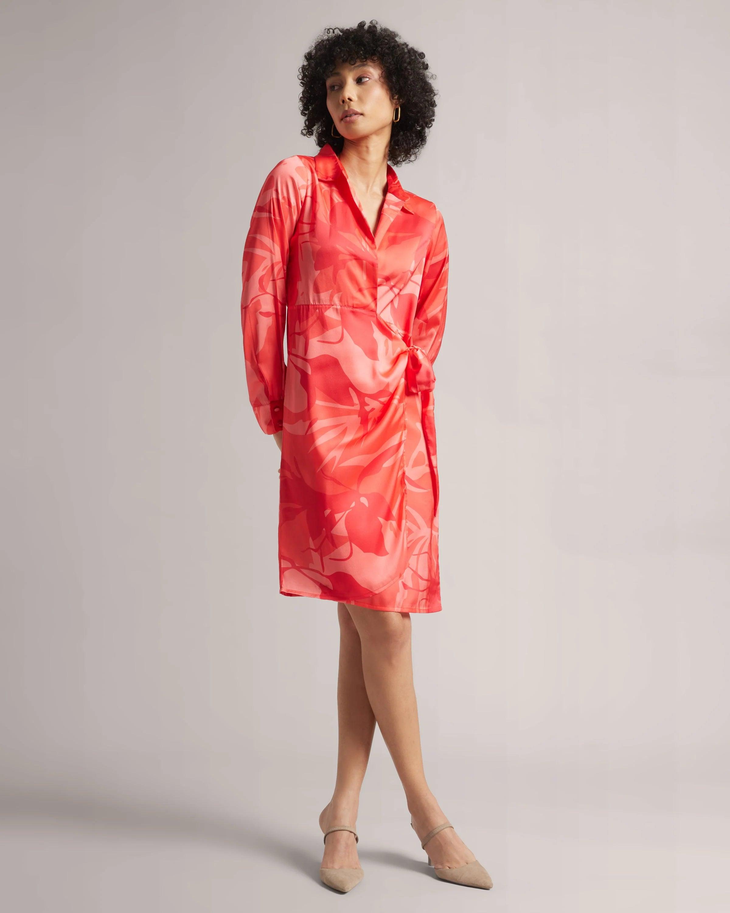 Peach Elegant Satin Wrap Dress