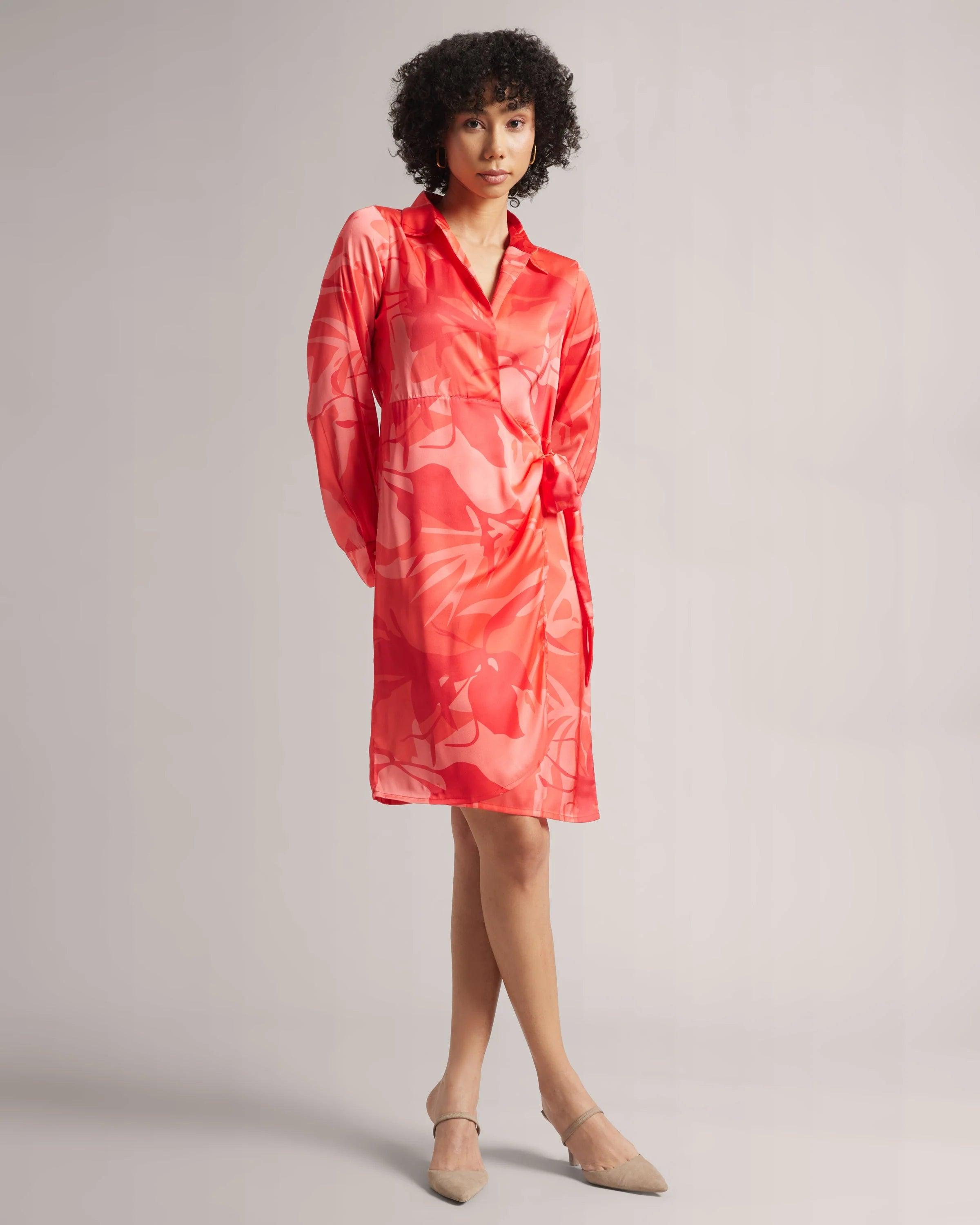 Peach Elegant Satin Wrap Dress